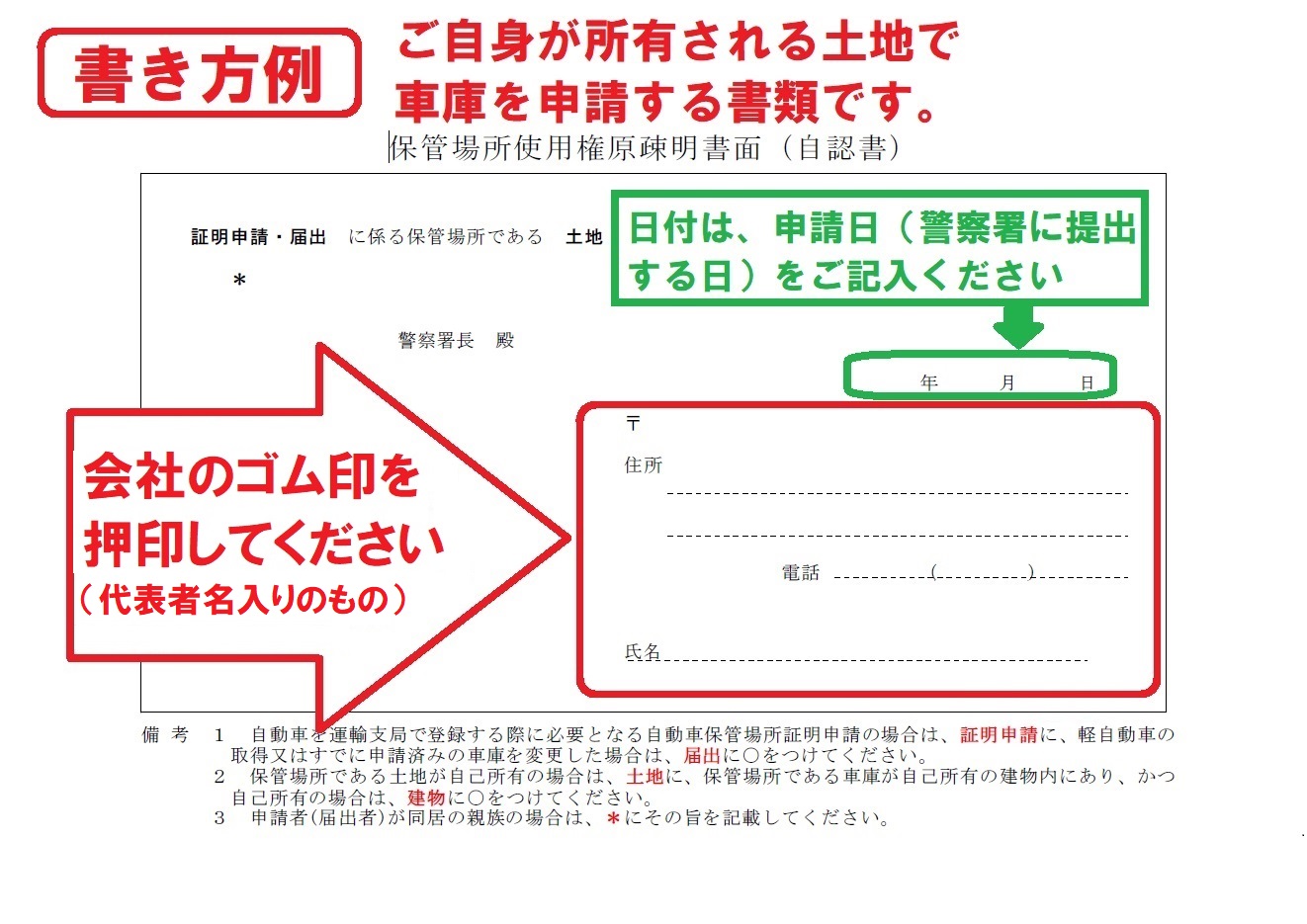 保管場所使用(自認書)書き方